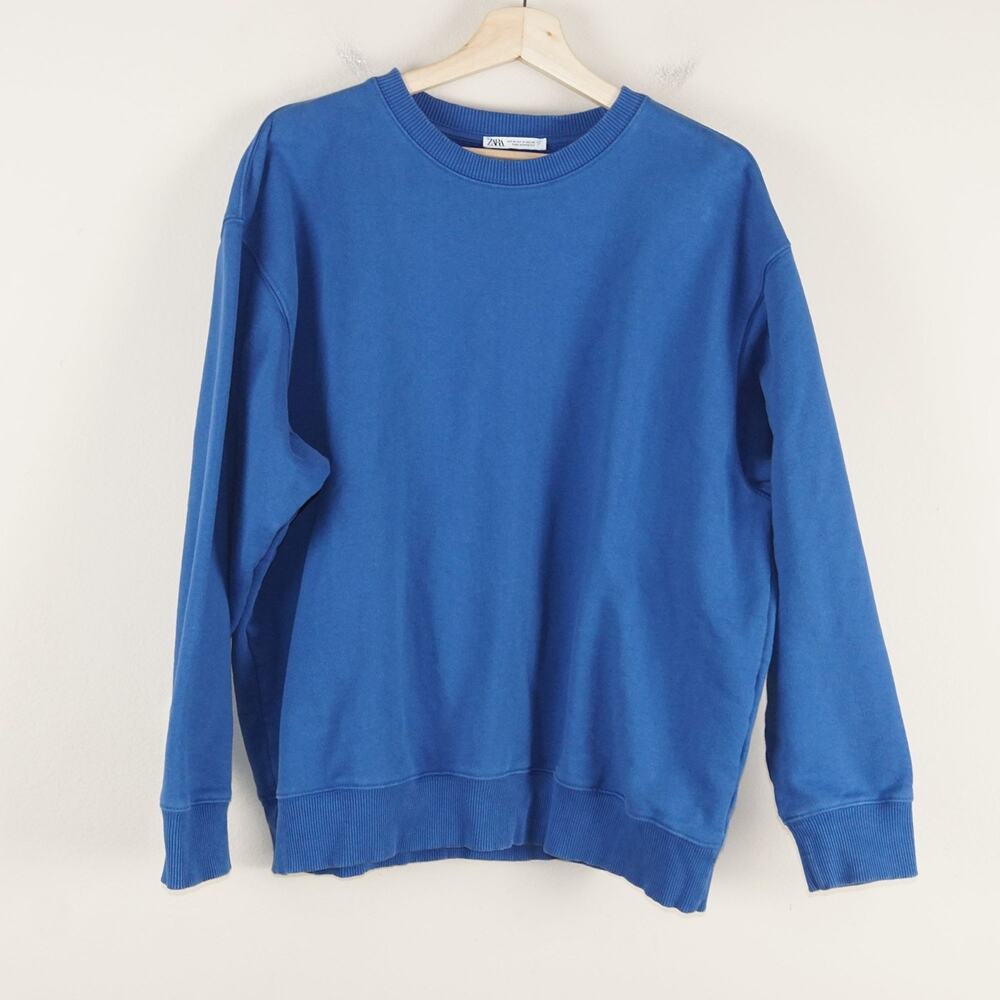Zara Blue Oversized Cotton Blend Crew Sweatshirt Womens Sz M